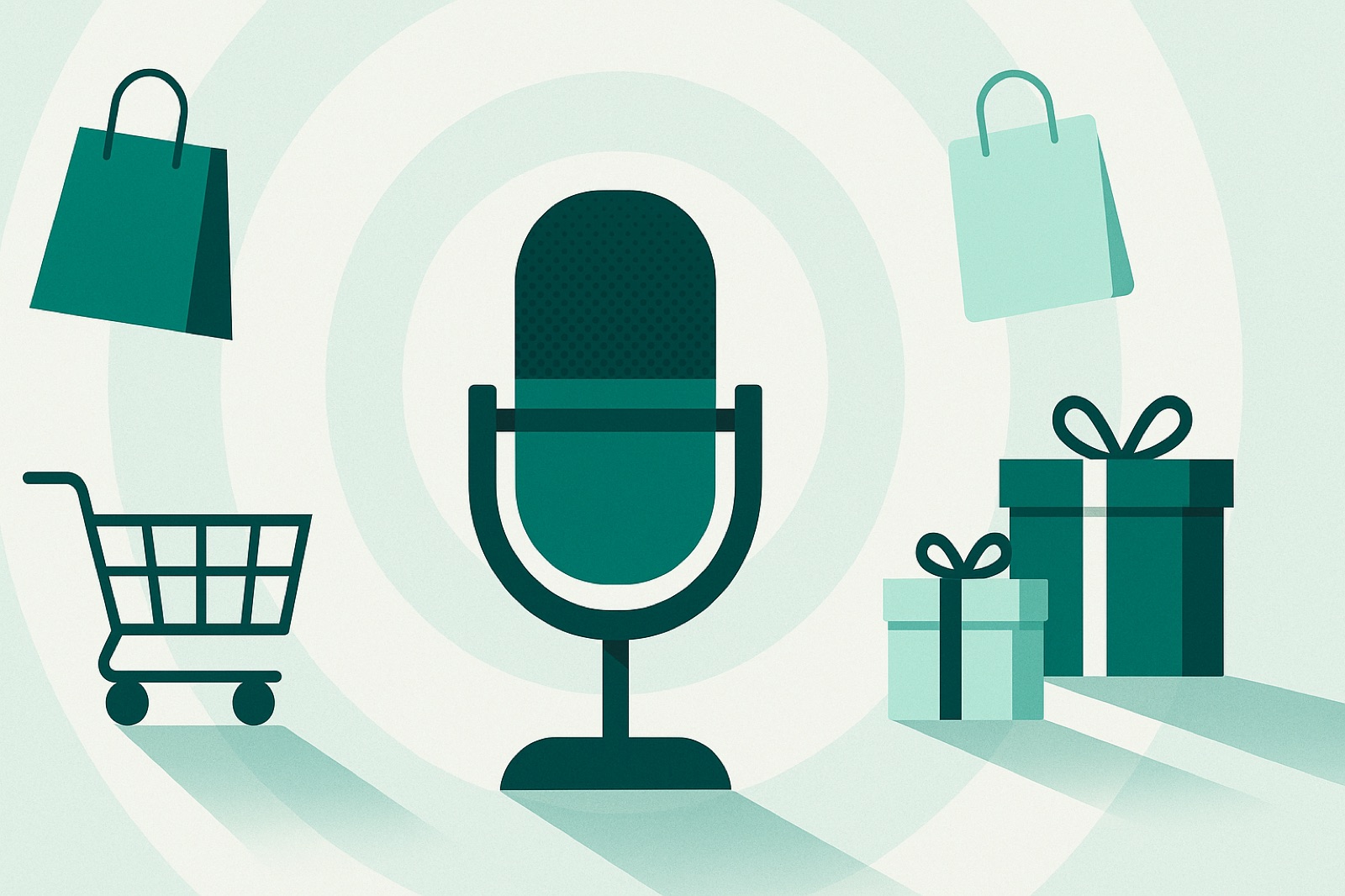 Flat teal illustration of a studio podcast microphone surrounded by shopping bags, a cart and gift boxes with sound waves, representing a Black Friday eCommerce playbook