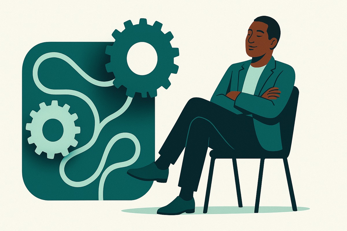 A calm founder beside a smooth-running business machine, boringly good